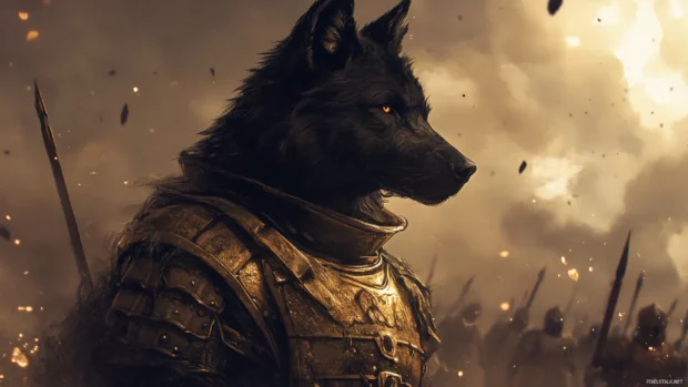 A warrior style black wolf wearing gold armor in a fantasy battlefield.