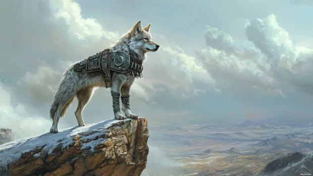 A warrior wolf with metal shoulder plates standing at the edge of a cliff.
