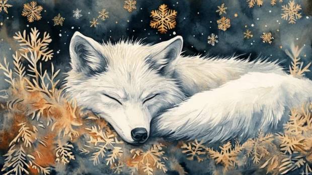 A watercolor illustration of a white wolf surrounded by golden snowflakes.