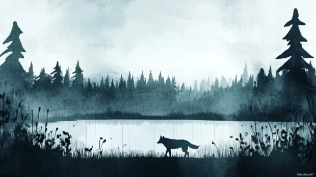 A watercolor inspired landscape where a silver wolf walks alone under soft rain.