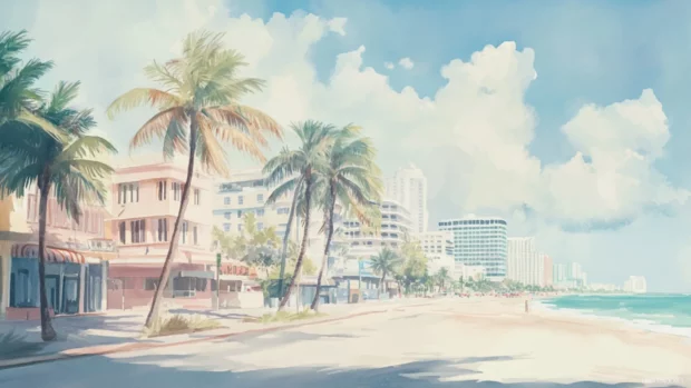 A watercolor painting of Miami Beach, with soft colors and a dreamy atmosphere .