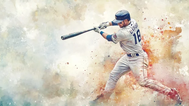 A watercolor painting of a baseball player, splashes of color blending into the background, evoking energy and motion.