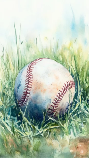 A watercolor painting of a baseball resting on a field, blending soft blues, greens, and warm earthy tones.