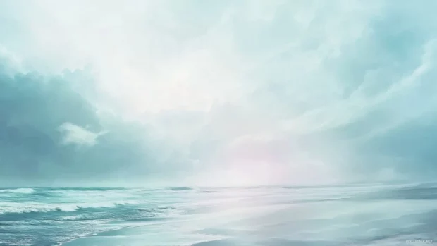 A watercolor painting of a beach landscape, with soft colors and a dreamy atmosphere.