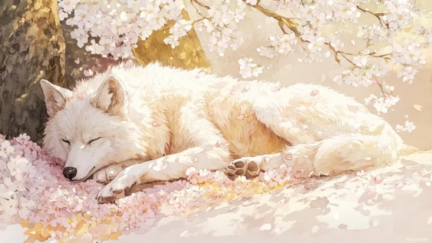 A watercolor style painting of a peaceful white wolf lying among blooming cherry blossoms.
