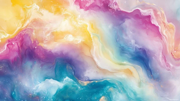A watercolor style sky featuring abstract blends of yellow, blue, and pink.