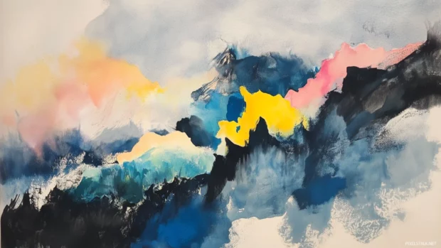 A watercolor style sky featuring abstract blends of yellow, blue, and pink.