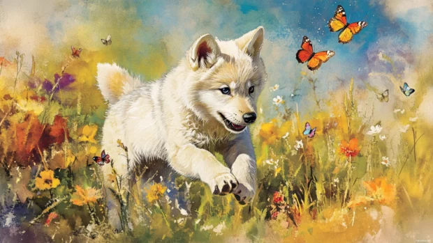 A watercolor style wolf pup chasing butterflies across a spring meadow.