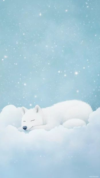 A watercolor styled wolf resting on a cloud with stars twinkling around.