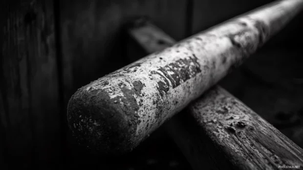 A weathered baseball bat in the dugout captured in black and white.