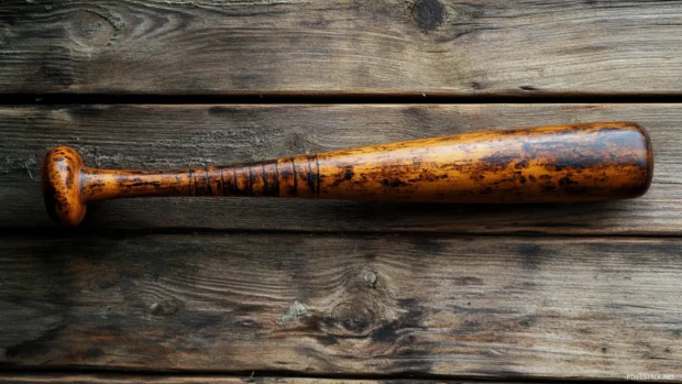 A well used bat with pine tar marks and scratches, leaning against the dugout wall with details reflecting Realistic baseball bat wallpaper.