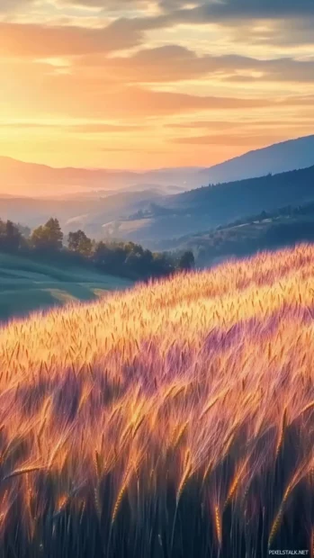 A wheat field glowing in sunrise field photo wallpaper.
