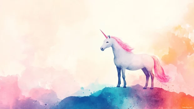 A whimsical Unicorn standing on a hill of pastel watercolor shades.