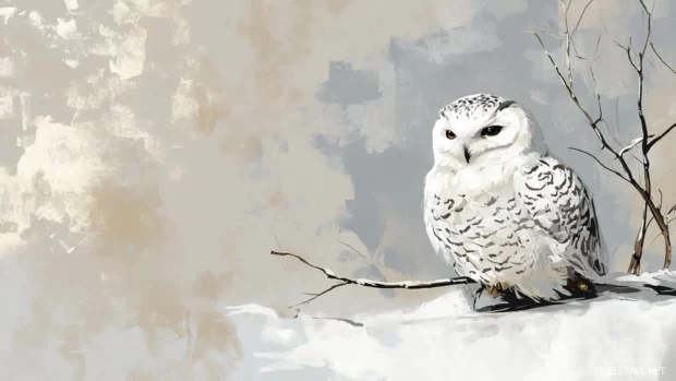 A white owl resting on a frozen branch as delicate ink strokes fade into background shadows.