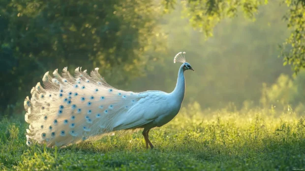 A white peacock slowly striding through morning fog in a quiet forest glade.
