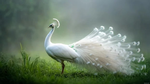 A white peacock slowly striding through morning fog in a quiet forest glade.