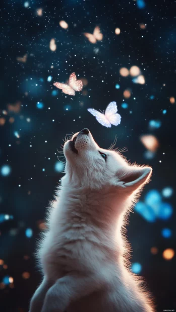 A white wolf pup playing with glowing butterflies under starry sky.