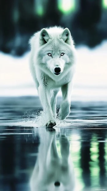 A white wolf running across frozen water reflecting northern lights.