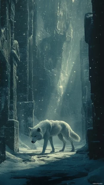 A white wolf walking through a frozen vertical hallway of light.