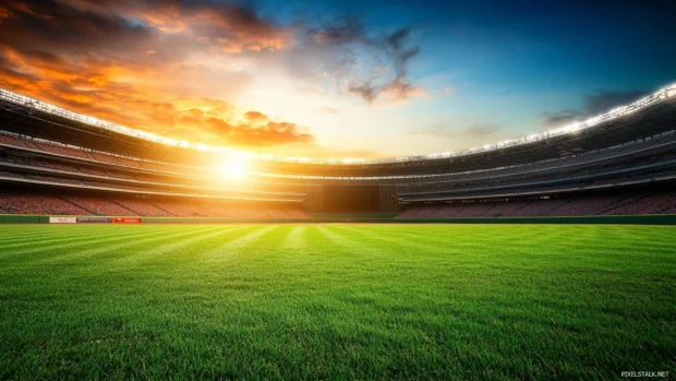 A wide angle view of an empty baseball stadium at sunrise, with warm colors illuminating the field.