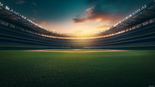 A wide angle view of an empty baseball stadium at sunrise, with warm colors illuminating the field.