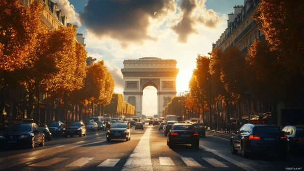 A wide angle view of the Arc de Triomphe, surrounded by bustling traffic and the grandeur of the Champs Élysées.