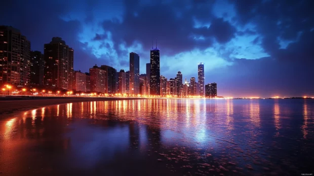 A wide angle view showcasing the Nighttime City Desktop Wallpaper beauty.