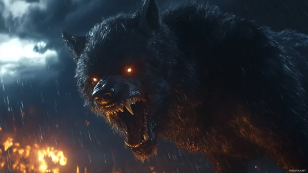 A wide cinematic angry wolf wallpaper shows the animal snarling under storm clouds.