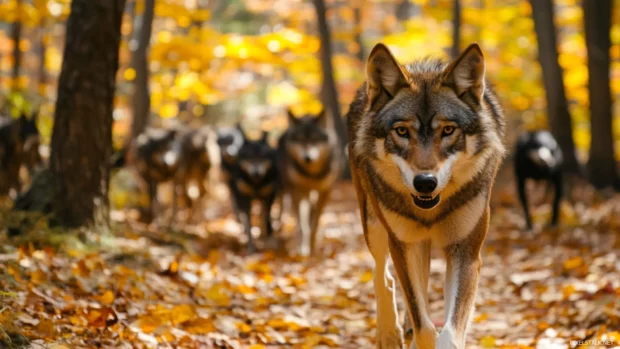 A wide forest clearing opens as the wolf pack silently stalks across fallen leaves.