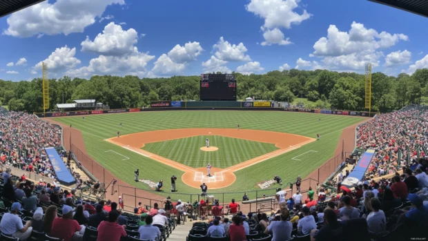 A wide panoramic view of a baseball game in progress from the stands.