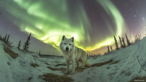 A wide scene of a white wolf watching the stars as auroras dance in the sky in this night sky wolf wallpaper.