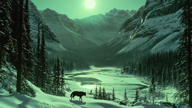 A wide snowy valley glows in green light as a wolf crosses quietly toward the trees.
