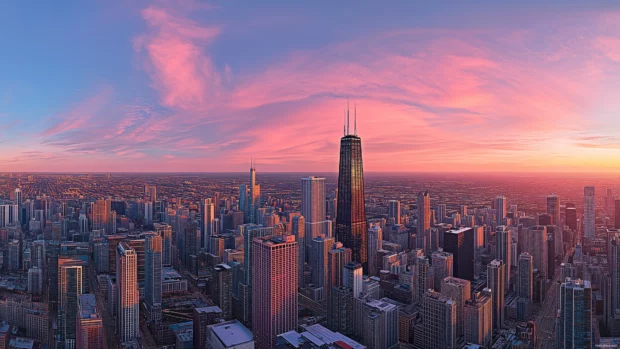 A wide view of Chicago skyline at sunset, highlighting the Willis Tower and prominent city landmarks.