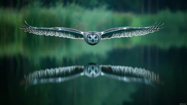 A wide view of an owl gliding across a still lake, its reflection mirrored perfectly in the water.