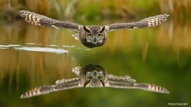 A wide view of an owl gliding across a still lake, its reflection mirrored perfectly in the water.