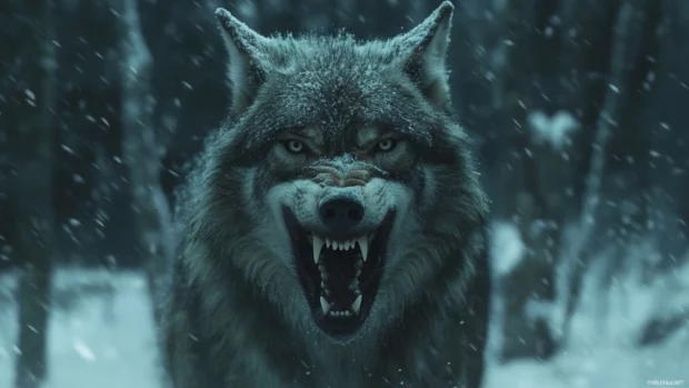 A wild grey wolf snarling as it defends its territory in the snow covered wilderness.