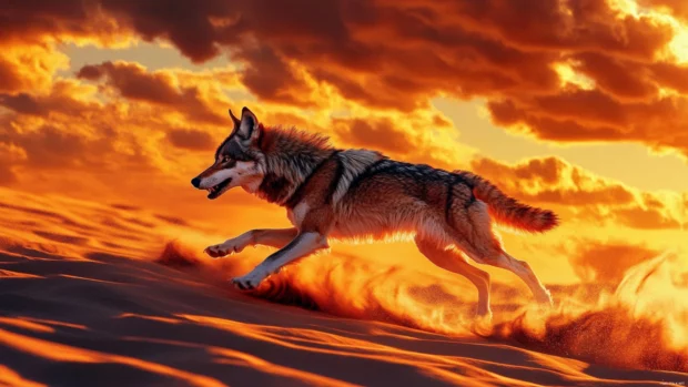 A wild red wolf races across desert sand beneath a burning sky in this dramatic red wolf wallpaper.