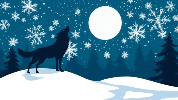 A winter night landscape where the wolf howls as snowflakes catch moonlight.