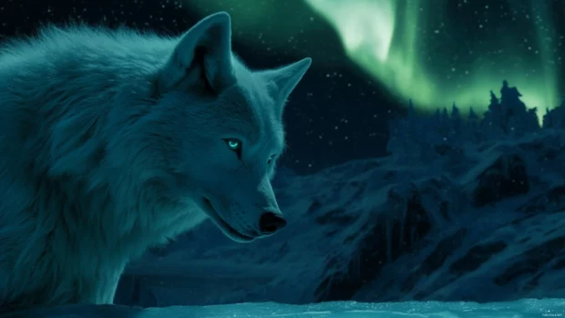 A winter night scene where a white wolf watches northern lights from a frozen lake.