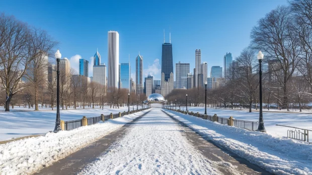 A winter view of Chicago with snow dusted buildings and a clear, crisp sky, featuring landmarks like the Art Institute and Millennium Park.