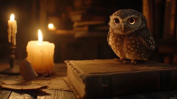A wise looking owl sitting next to ancient books in a candlelit room.