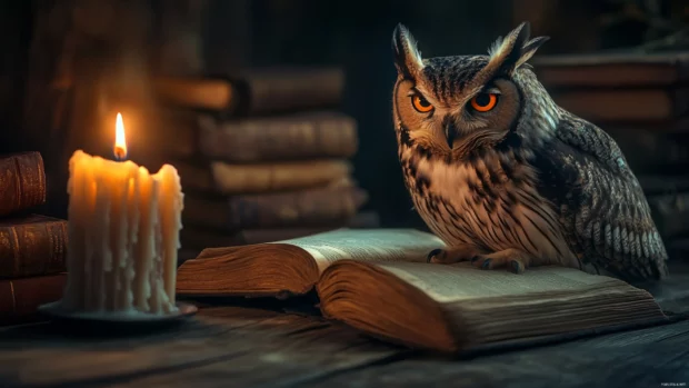 A wise looking owl sitting next to ancient books in a candlelit room.