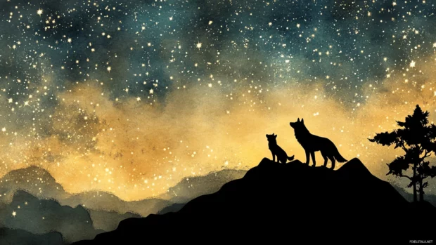 A wolf and its cub stand together on a peaceful mountain edge as stars begin to shine.