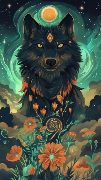 A wolf bathed in aurora light in a magical dreamscape.