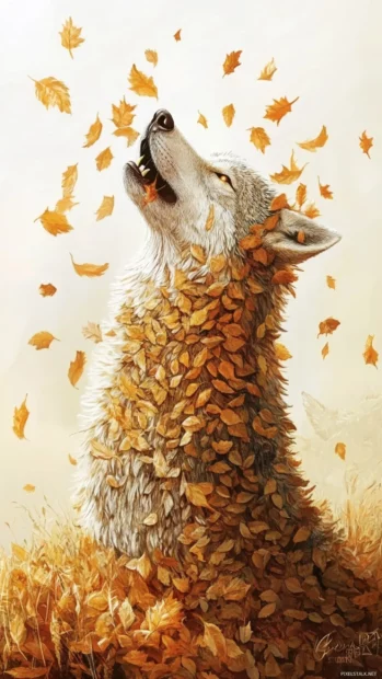 A wolf composed of golden leaves drifting away in a strong wind.