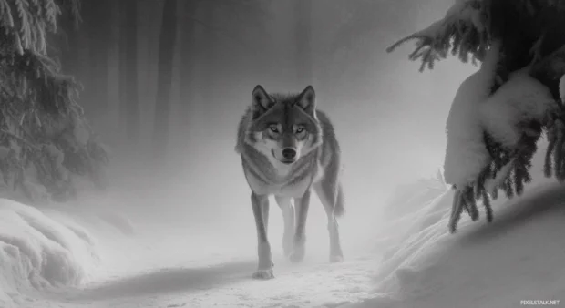 A wolf emerges from thick fog and snow, perfect for a snowy forest wolf wallpaper.