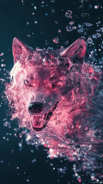 A wolf encased in crystal breaking free with a flash of light.
