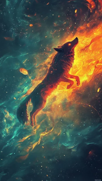 A wolf figure flying vertically across a cosmic rift.