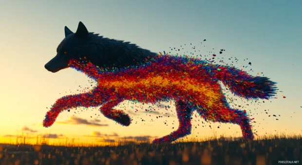 A wolf in silhouette explodes into colorful shards in a dramatic 3D animation style frame.