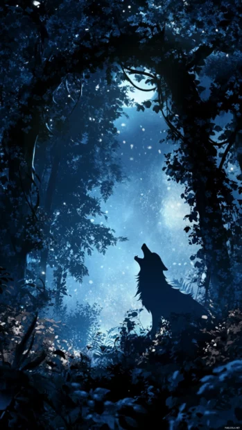 A wolf mid howl framed by glowing moonlight in a vertical forest view.